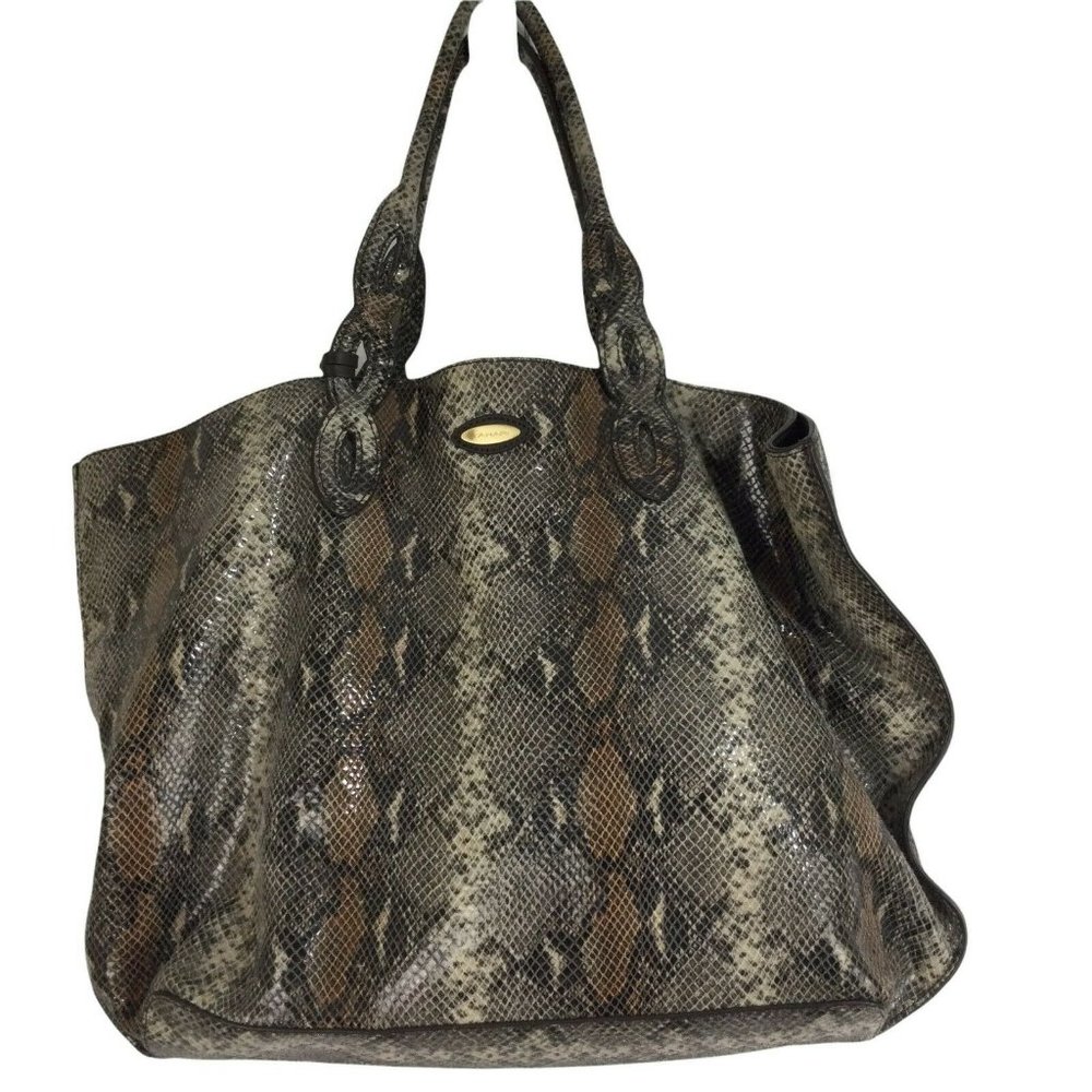 Tahari Snakeskin Brown Beige Leather Shoulder Tote Bag